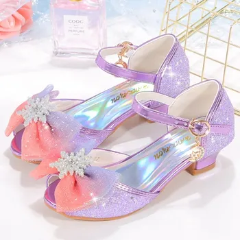  Сандали на висок ток, розови обувки с пайети, цветен обувки принцеса Елза за момичета-на русалките, детски обувки с пеперуди, обувки с цветя модел за момичета