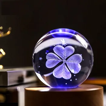  Луксозен 3D Лазерен Гравирана Детелина Кристална Топка От Кварцово Стъкло Обхват Миниатюри Подаръци Коледен Подарък Приемаме Снимка по Поръчка