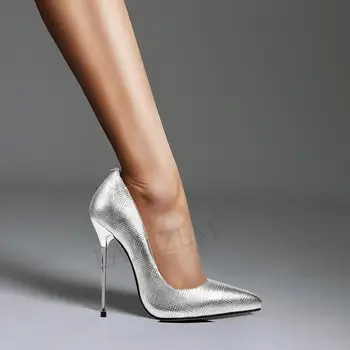  LAIGZEM/ 2020 г., луксозни дамски КОЖЕНИ обувки-лодка на ток 11-13 см, метални Сребристи сандали на висок ток, вечерни модела обувки, Дамски Големи Размери 39, 42, 43