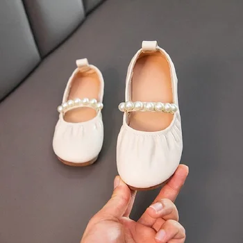  Пролетни Детски Обувки От Изкуствена Кожа С Перли Върху Плоска Подметка За Момичета, Детски Обувки На Принцесата