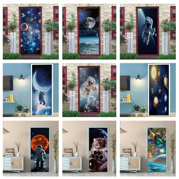  Звездното Небе Стикер На Вратата 3D Планета Астронавти и Космически Планета Тапети, Стикери За Стена Лепило Момче Декорация на Детска Стая Плакат Рисувани Стенни