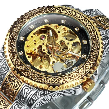  WINNER Автоматични Механични Мъжки Часовник Gold Skeleton Кралския Най-добрата Марка на Луксозни Ръчни Часовници За Мъже Издълбани Каишка От Неръждаема Стомана