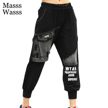 Masss Wasss 2022 Пролет Дамска Мода Пънк Еластичен Дизайн Зреещи Европейски Стил Деним Лоскутные Панталони Готически Панталони