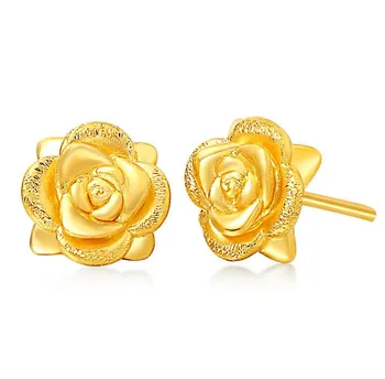  Тези Твърди Обеци От Жълто Злато 24 К, Дамски Обеци-розово с Цвете Роза