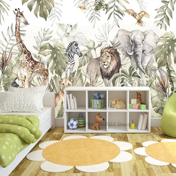  Потребителски Тапети Голям размер Животни, Сред листа на тропическите растения Стенопис Жираф Лъв, Зебра Слон Декор на детска стая 3D