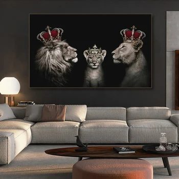  Абстрактна е Черно-Бяла Семейство лъвове Картина Короната на Лъва Платно Плакати и Щампи Картина за Съвременното Декорация на Всекидневна