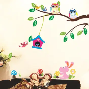  мультяшные сови, птица, клони, цветя Стикери за Стена за детска стая дневна детска 3D начало декор винил pvc Фон етикети стенопис