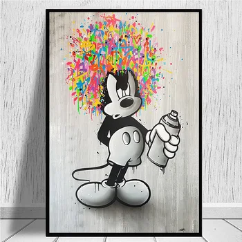  Черно-Бяла Рисунка на Мики Маус Графити Изкуството Платно Плакат и Щампи Творчески Картини на Стенно Изкуство за Всекидневна Декор