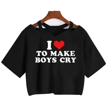  Тениска с Принтом в стил Харадзюку с надпис I Love To Make Boy Cry, Дамски Укороченная Тениска с Къс Ръкав Y2k, Скъсяване на Върховете, Градинска дамски