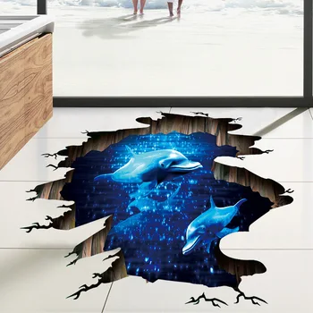  3D Тъмно син сън делфин стикер На Павел баня хол украса на пода рисувани стенни Стикери За Стена начало декор етикети тапети