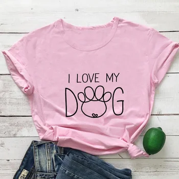  Аз обичам моето куче, Тениски, Дамски тениски с Азбука и графичен Принтом, Дамски Дрехи, Памучен Тениска с кръгло деколте, Дамски Топ, Модна Тениска, Дамски
