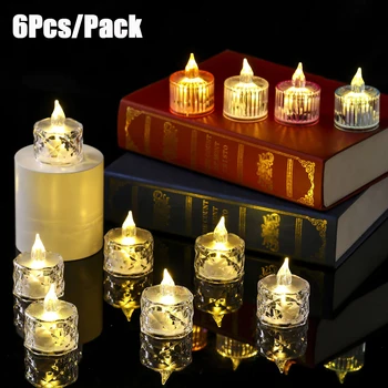  6 Бр. Led Свещ Tealight Прозрачни Беспламенные Изкуствени Свещи, Захранван С Батерии Лека Нощ За Коледен Празничен Декор