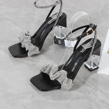  Дамски обувки 2022 г., Нови летни сандали на висок ток с отворени пръсти, украсени с кристали, дамски модни вечерни сандали на дебел ток, мрежести червени модни сандали 8,5 см