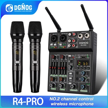  DGNOG Аудио Миксер R4-PRO 4-канален Безжичен Микрофон Bluetooth USB Rec DJ Конзола за Домашно Караоке Сценична звукозаписно Студио