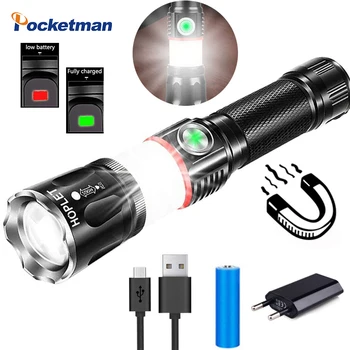  Мултифункционален Led Фенерче USB Акумулаторна батерия Мощен COB Zoom Факел Linterna 4 Режима С Хвостовым Магнит Работен Светлина