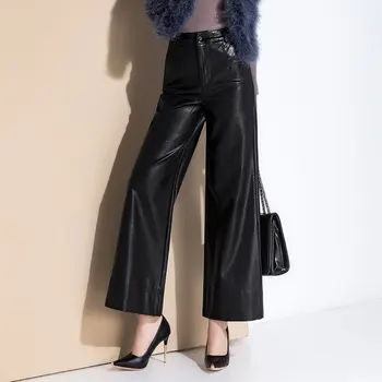  Зимните модни дамски дебели панталони от естествена кожа с висока талия, ежедневни панталони от овча кожа, дамски кадифени черни широки панталони F521