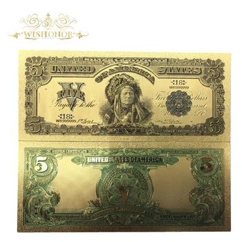  10 бр./лот, Цветен банкноти на Съединените Щати 1899 долара, 5 долара, банкнота от златно фолио, ценен Коллекционный Сувенири с безплатна доставка